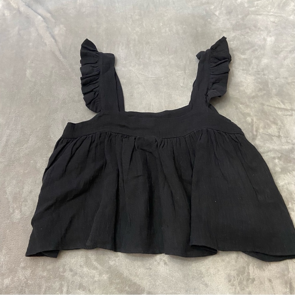 Karlie 100% linen ruffle strap tank top black 4069